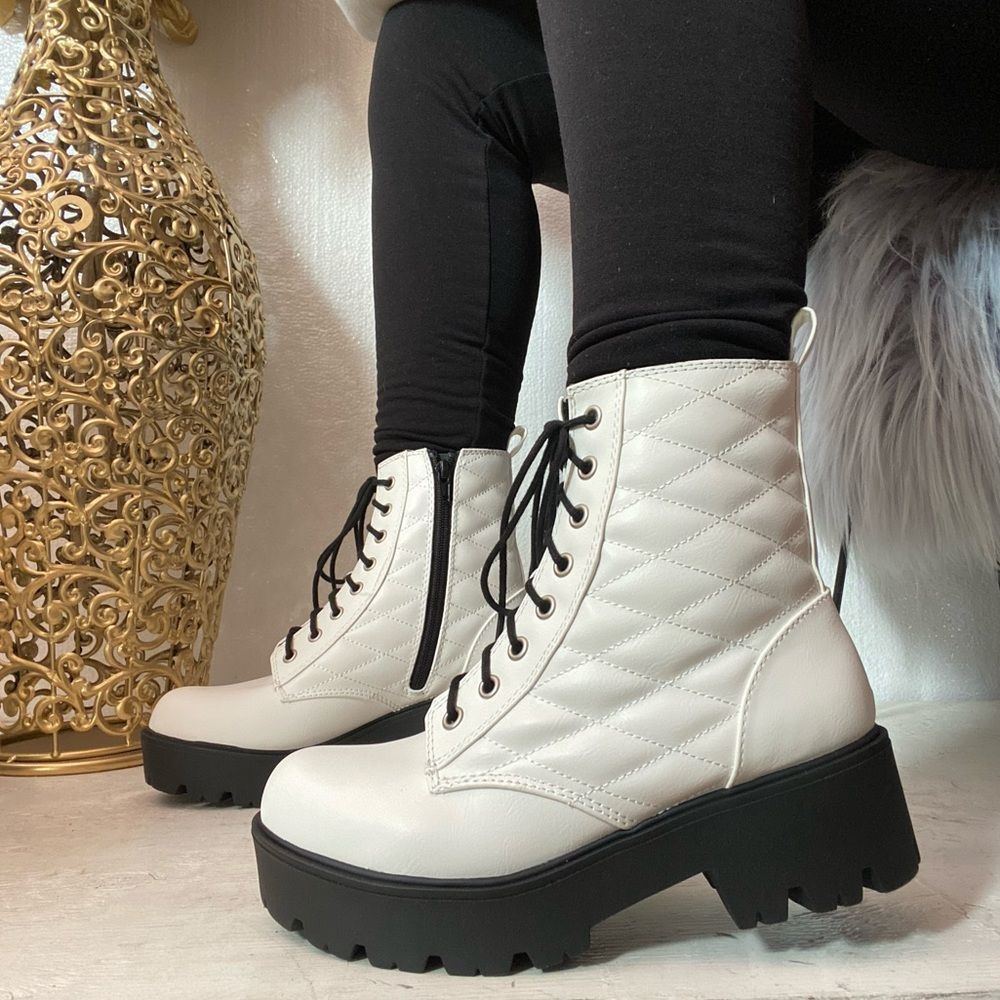 White Quilted Combat Bootie